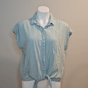 Weatherproof Vintage Blue Washable Linen Tie front Short Sleeve Blouse